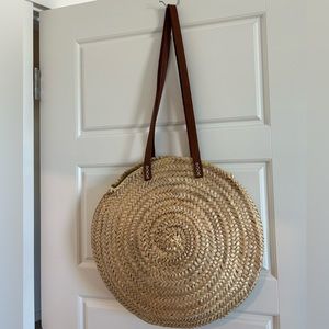 Round Straw Bag with Leather Long Handle